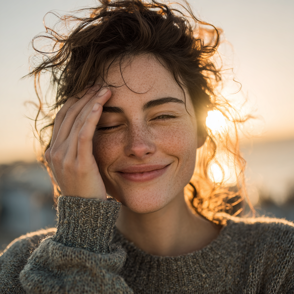 Happy woman covering one eye during vision exercise outdoors in natural sunlight