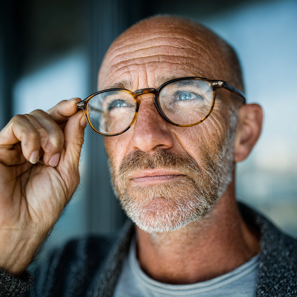 Middle-aged man doing eye focusing exercises while holding glasses in bright natural lighting