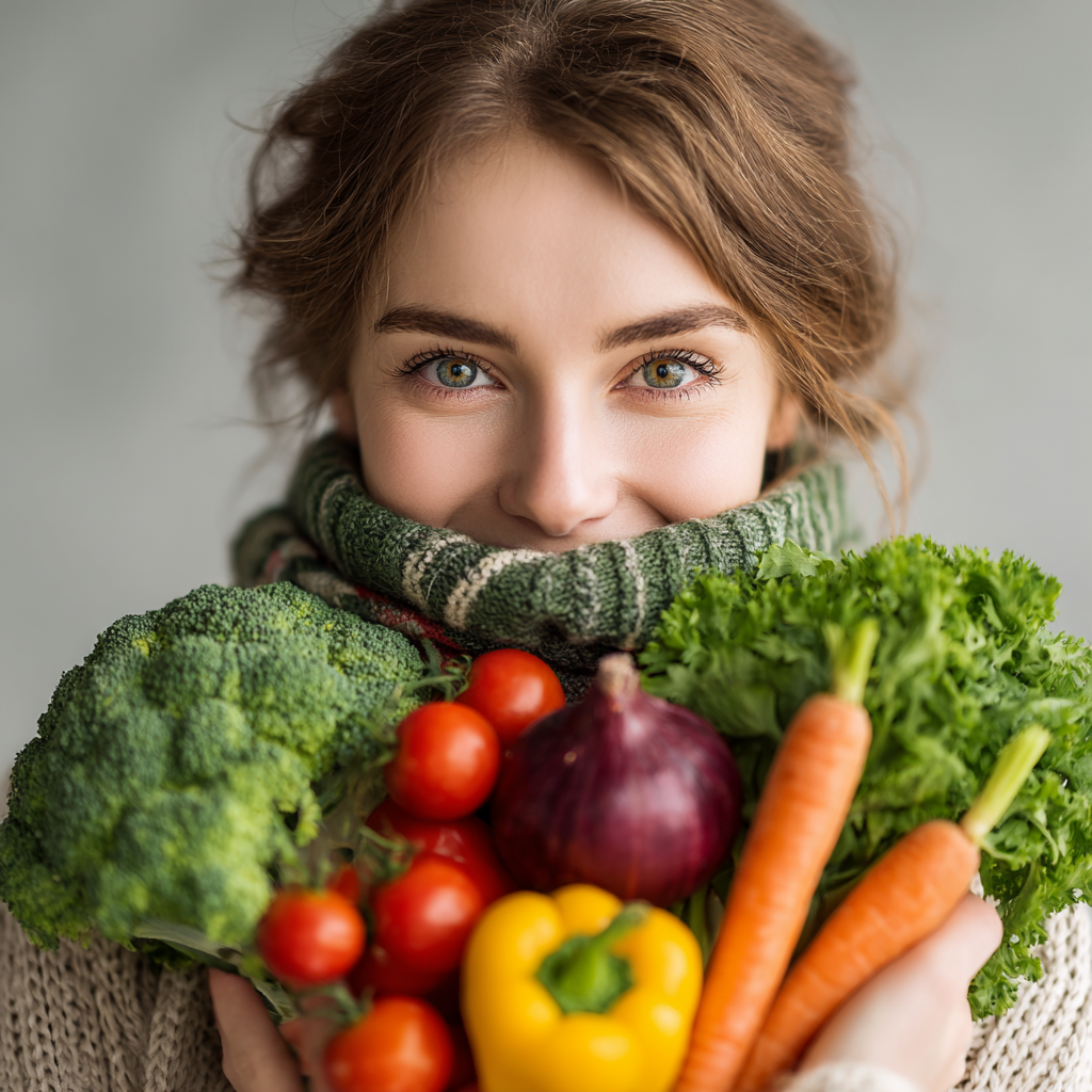 Young woman enjoying healthy colorful vegetables and fruits rich in vitamins for eye health